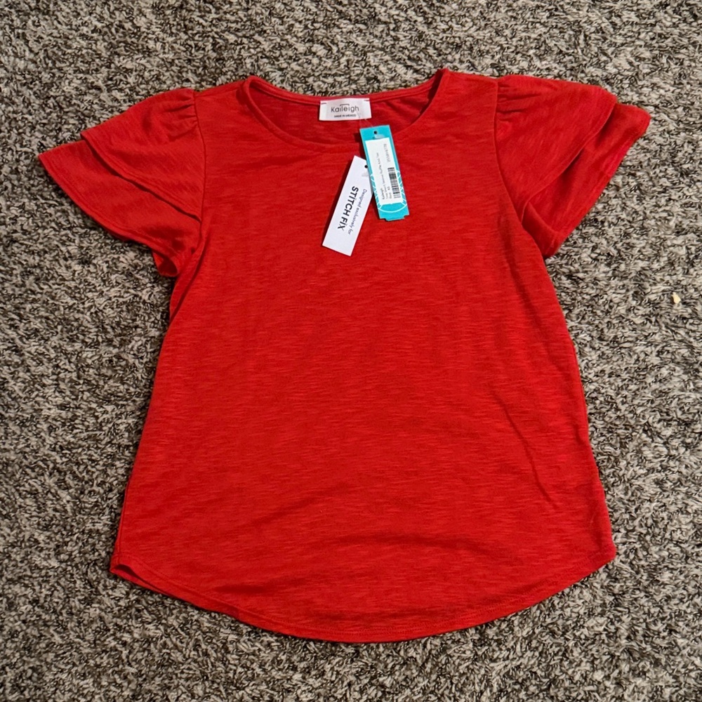 Kaileigh Vibrant Red Short Flutter Sleeve Tee